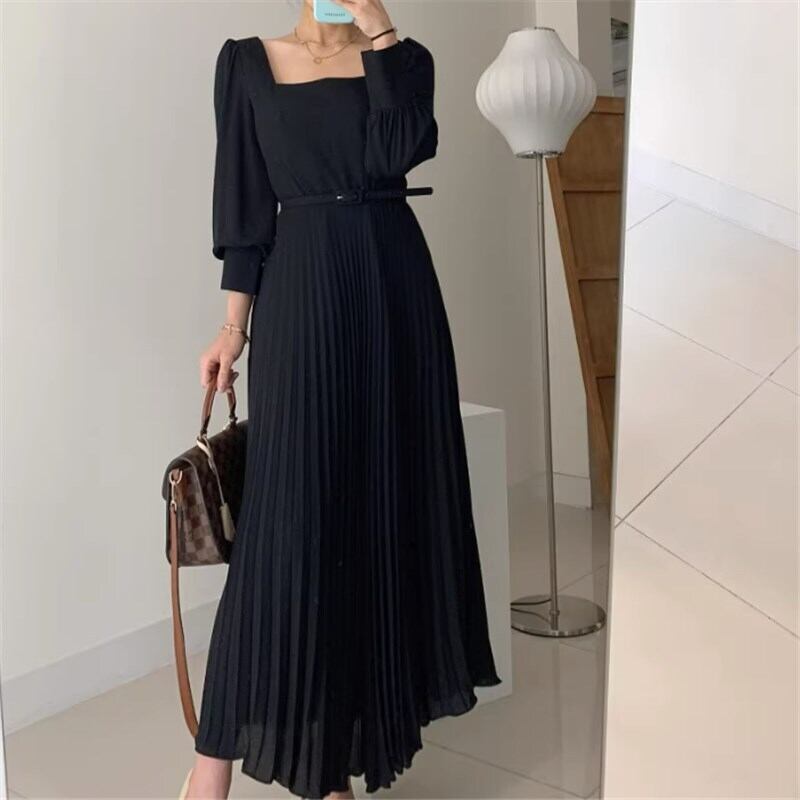 ドレス ロング ロング丈 袖あり 長袖 スクエアカラー Aライン プリーツ ハイウエスト スリム ベルト かわいい 大人可愛い きれいめ シンプル 大人 上品 おしゃれ お洒落 大人可愛い ラブリー キュート ガーリー セクシー エレガント 上品 お姫様 お嬢様 清楚 無地 20代 30代 40代 レディース デート 女子会 パーティー イベント レストラン 韓国 韓国系 オルチャン ファッション コーデ スタイル 二の腕カバー 春 秋 S M L ブラック オレンジ