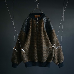 over silhouette leather switching design jacquard knit sweater