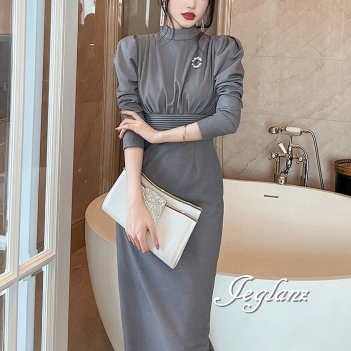 ワンピース 切替 ドレス モックネック タイト ギャザー レトロ感 2色(M6285)γα