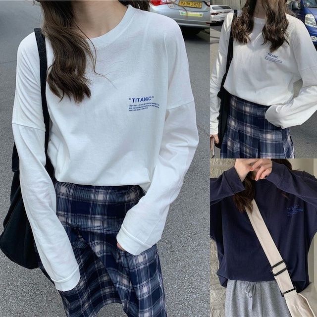 Tシャツ 長袖 プルオーバー ロングTシャツ ロンT カットソー ゆったり レトロ 韓国ファッション レディース 大人可愛い ガーリー カジュアル / Letter Print T-shirt Loose All Match Thin Top Inn (DTC-653252603636)