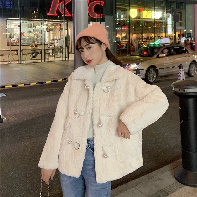 韓国ファッション 秋 冬 パールボタン コート 暖かい sweet系 ラペル ギャザリング 可愛い 大人気