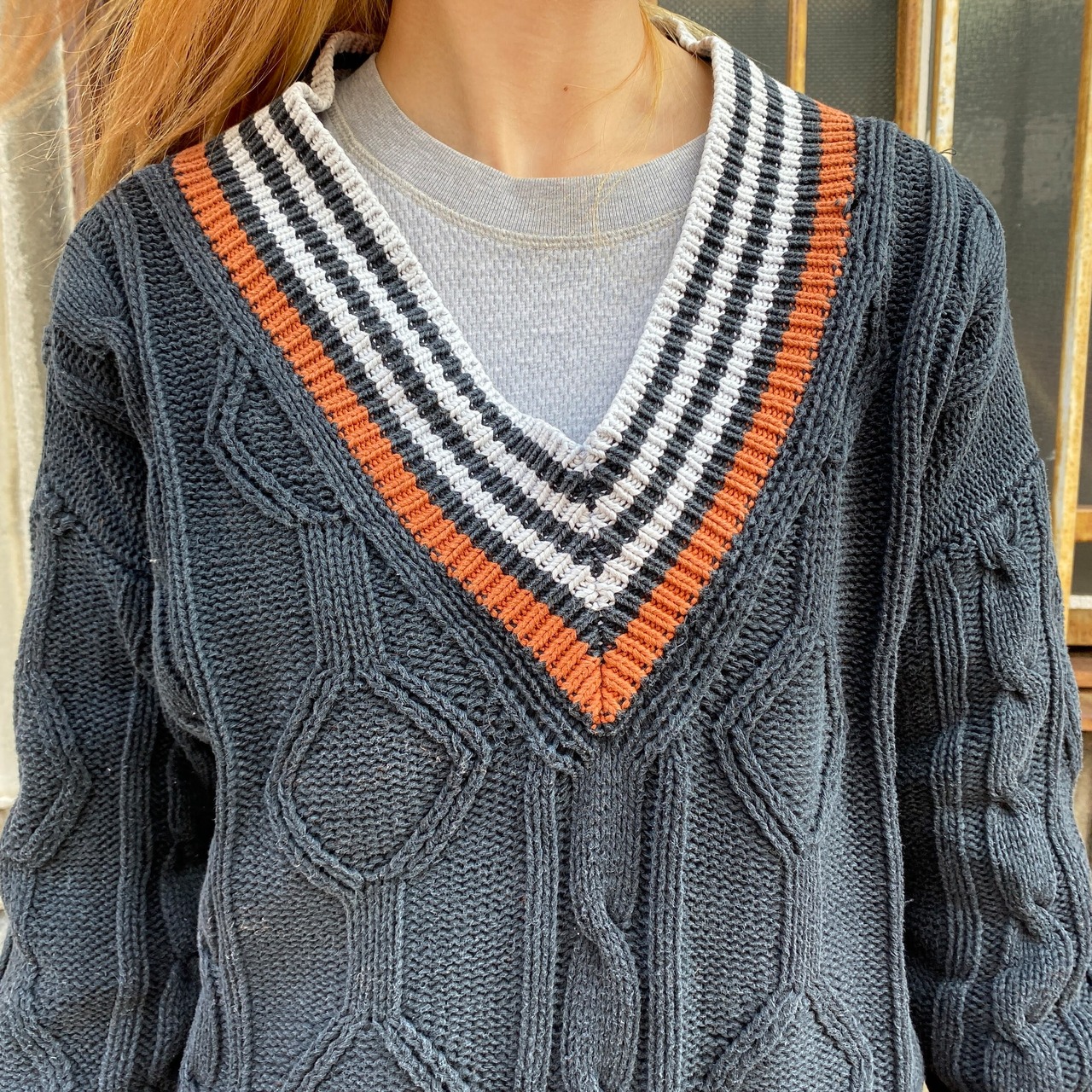 ヨーロッパ古着 80s～90s イギリス製 総柄 厚手ニットカーディガン M 