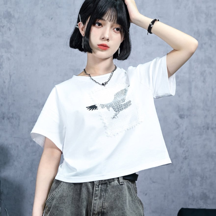 チャイナ風 中華服 古怪舎 Tシャツ 鴉 プリント柄 中華系ファッション 30代コーデ