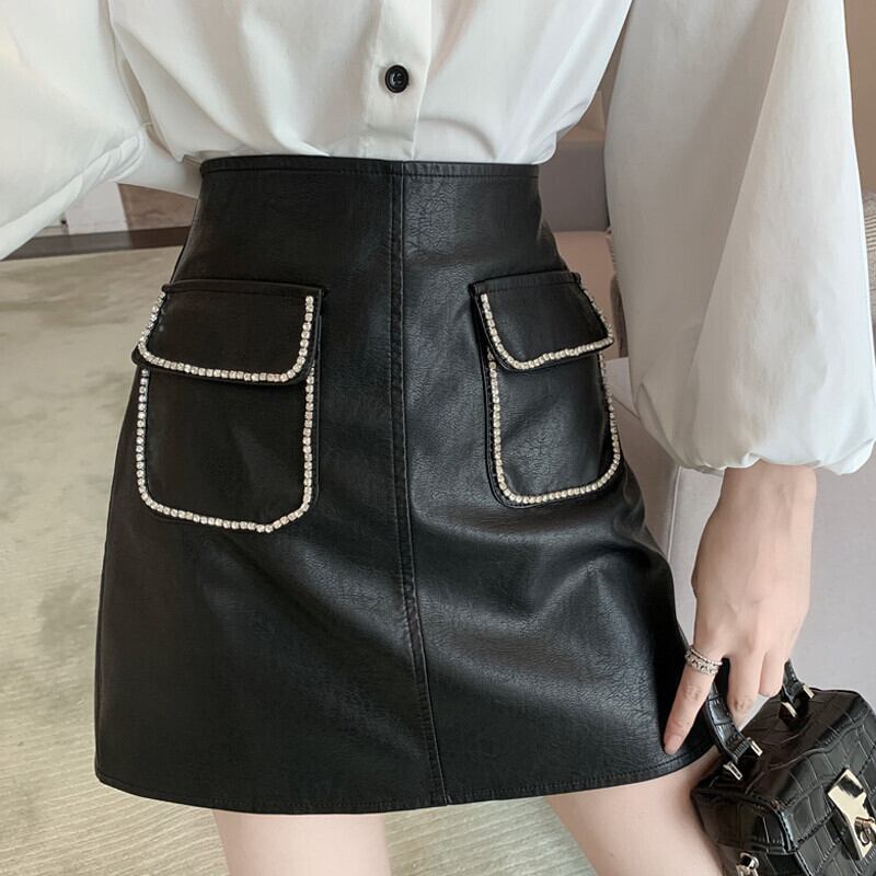 ウェストAラインホワイトスカート オータムスリムショートレザー 秋物 ガールズファッション47648207564