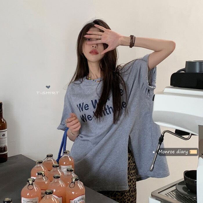 グレーTシャツ レディースルーズスリットサマートップス コットン 夏物 ピュア モンロー37707543007
