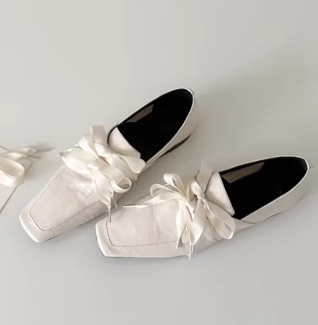 牛革スクエアローファーリボン付きバレエシューズ