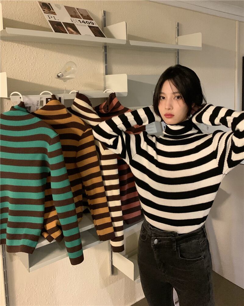 ストライプニットシャツ オータムウィンターセーター トップス ロング 秋物 冬物 ブラックストロベリース99679289221