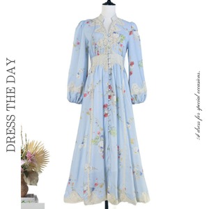 スタンドカラーフラワーレースドレス2色展開 D0184