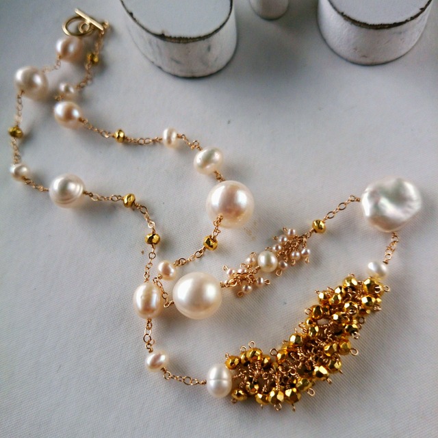 送料無料14kgf♡pearl×gold Pyrite station necklace