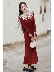 【0164】 Vintage Hook Flower Long Sleeve Dress