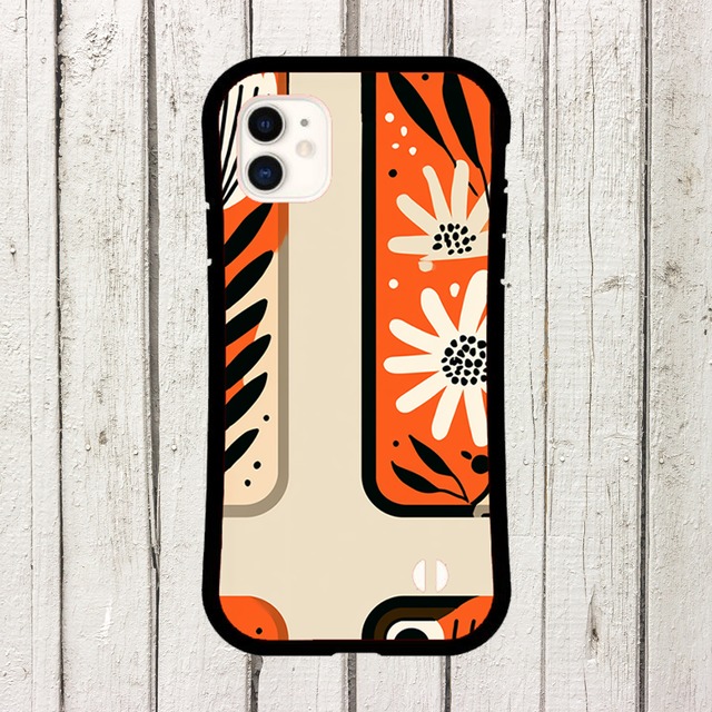 受注生産 iPhoneケース オレンジ花と黒い葉の民芸柄｜フォークアート FMSY041B
