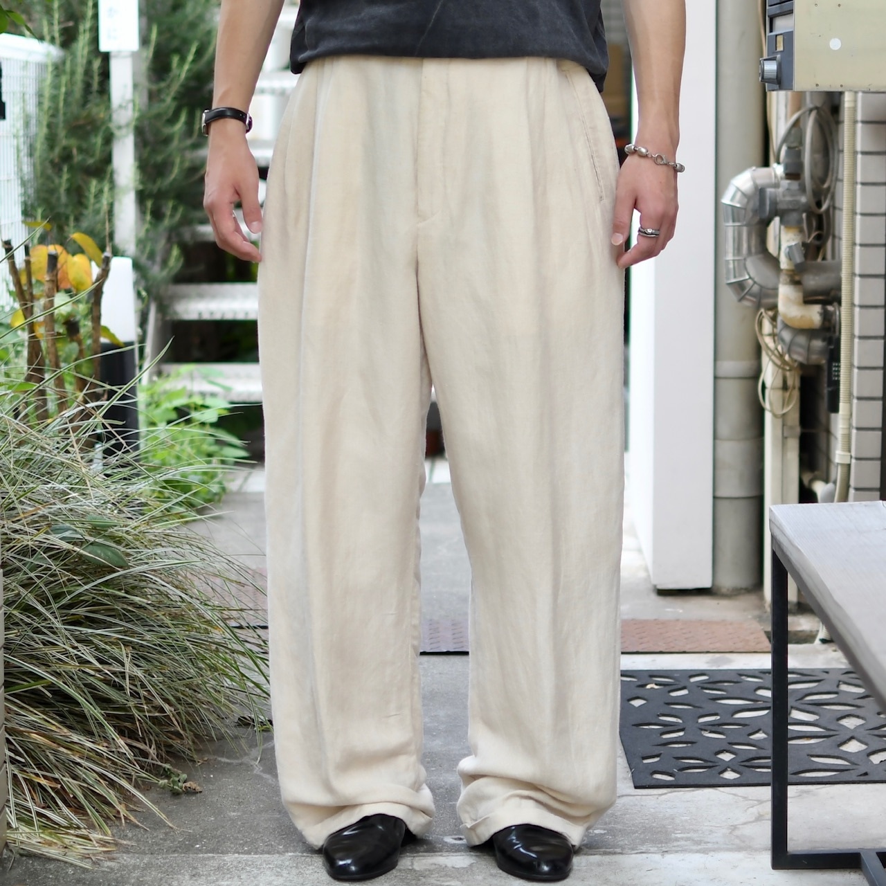 LOUIS RAPHAEL rayon linen 3tuck wide slacks