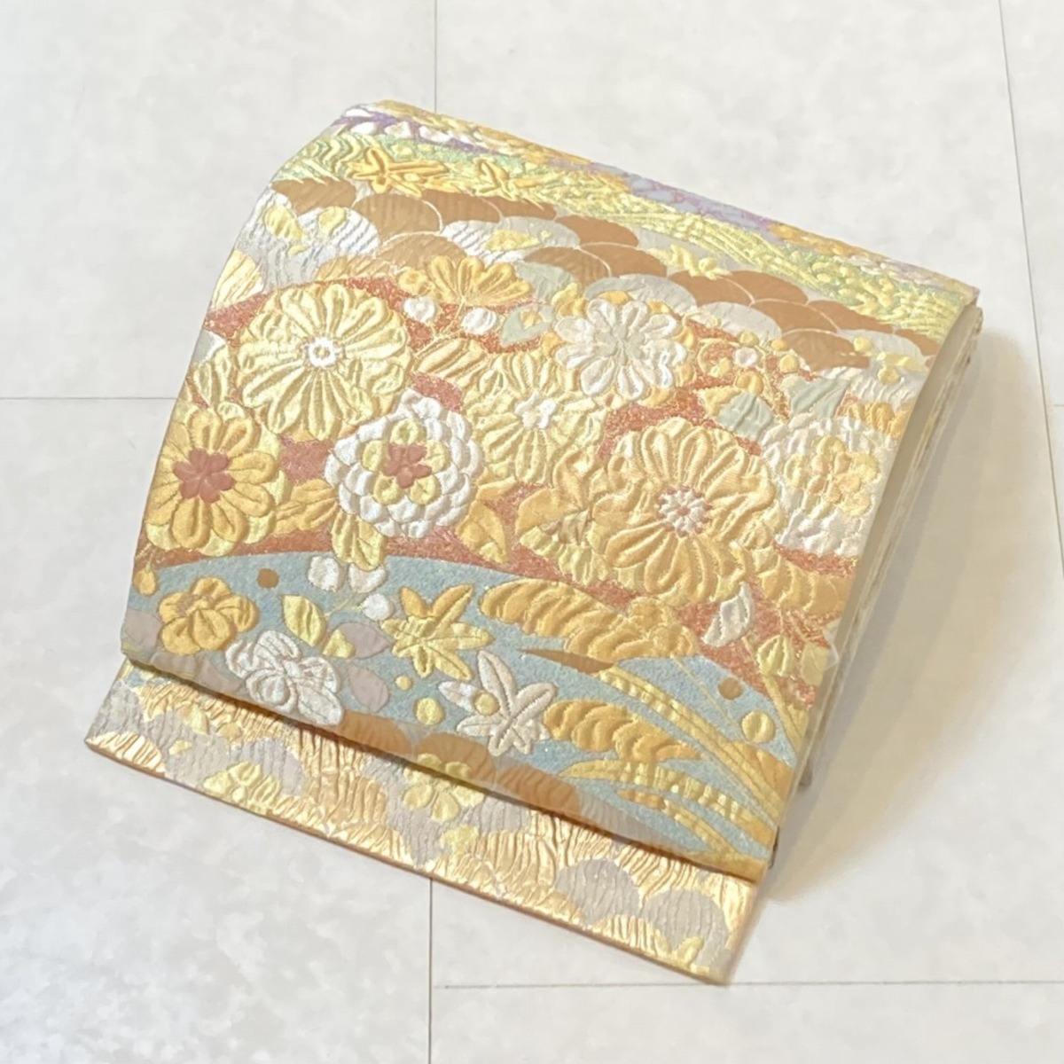 辻ヶ花 纐纈 長尺 袋帯 美品 正絹 銀糸 金糸 黄緑 紫 青緑 パステル 