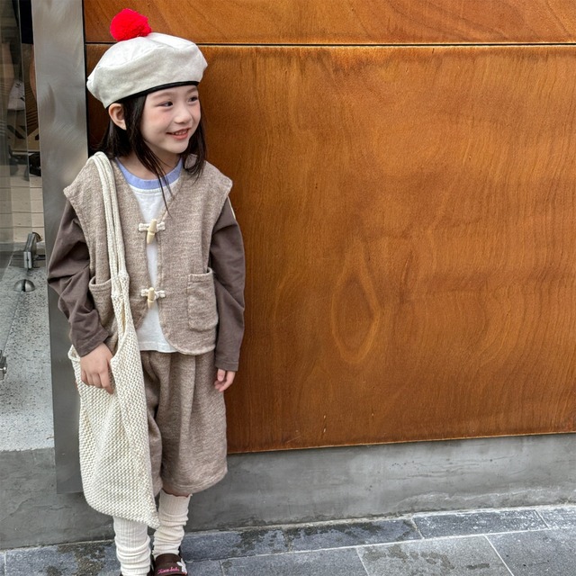 《取寄》 バイカラートグルセットアップ （モカ／グレー） ADBB 2025秋 韓国子供服 セットアップ 上下セット ツーピース ベスト ツートン （80~130cm）