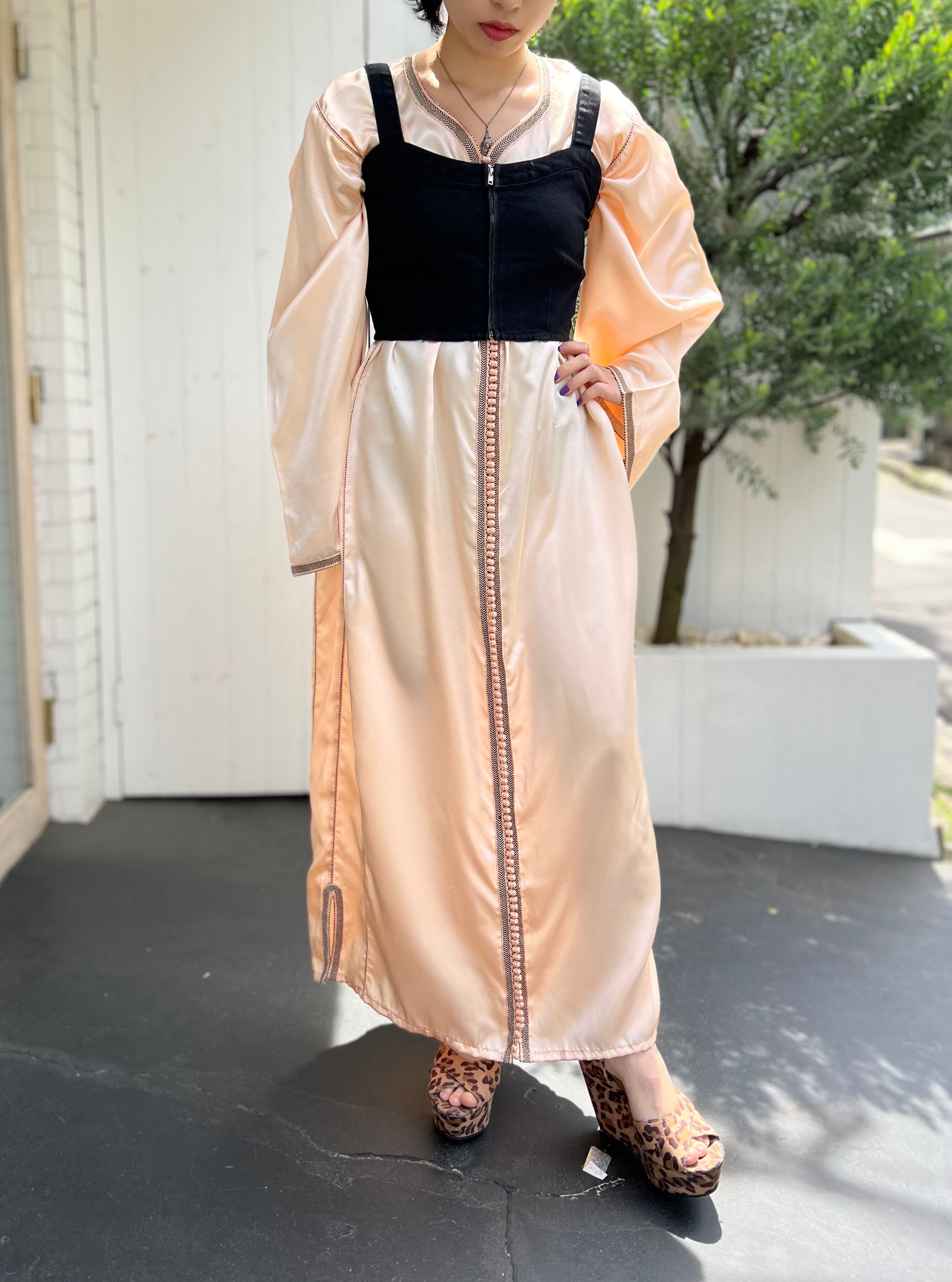 Vintage Moroccan Peach Pink Poly Dress ヴィンテージ モロッコ ピーチピンク ポリ ワンピース Riyad Vintage Shop