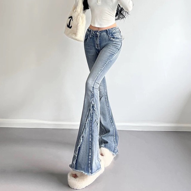 denim bell-bottom fringe flare-pants la2299