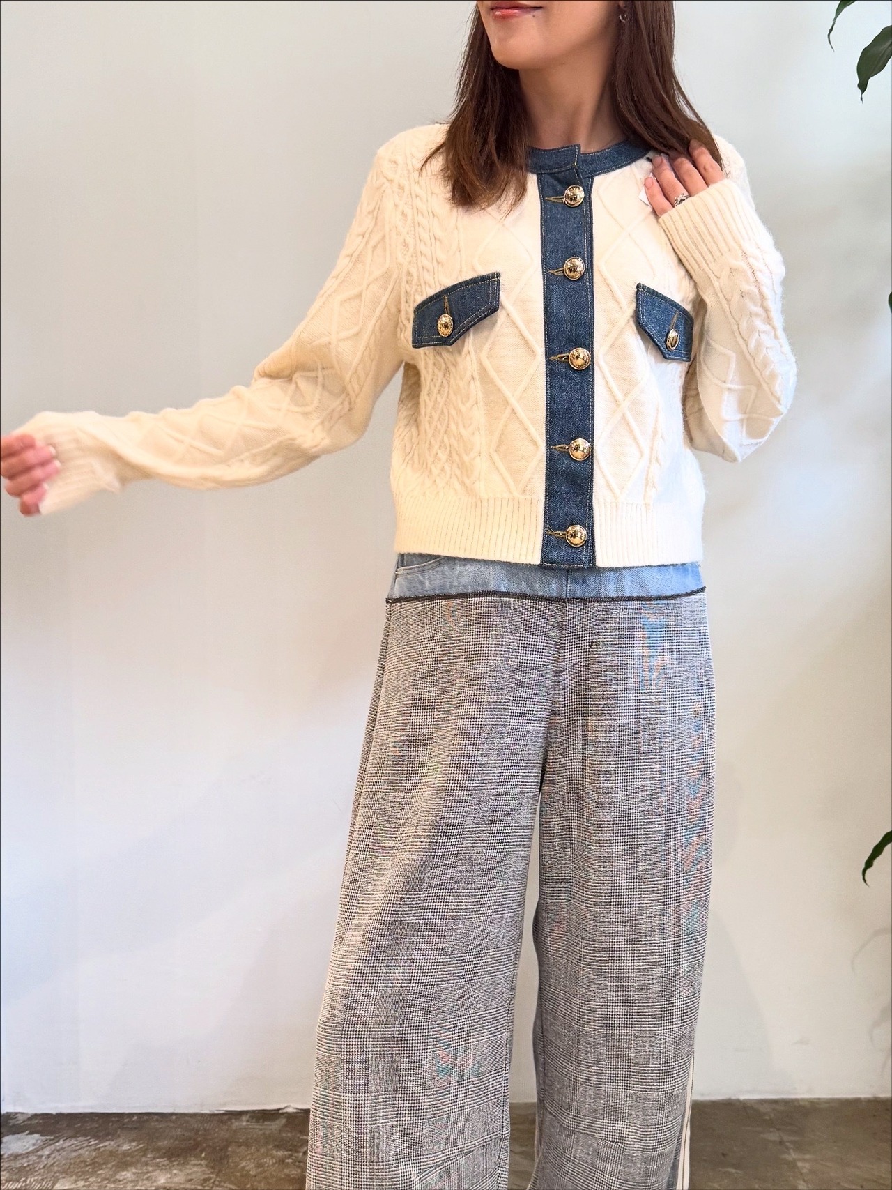 エイミーロウ  Eimee Law ニット×デニムMIX編みカーデ