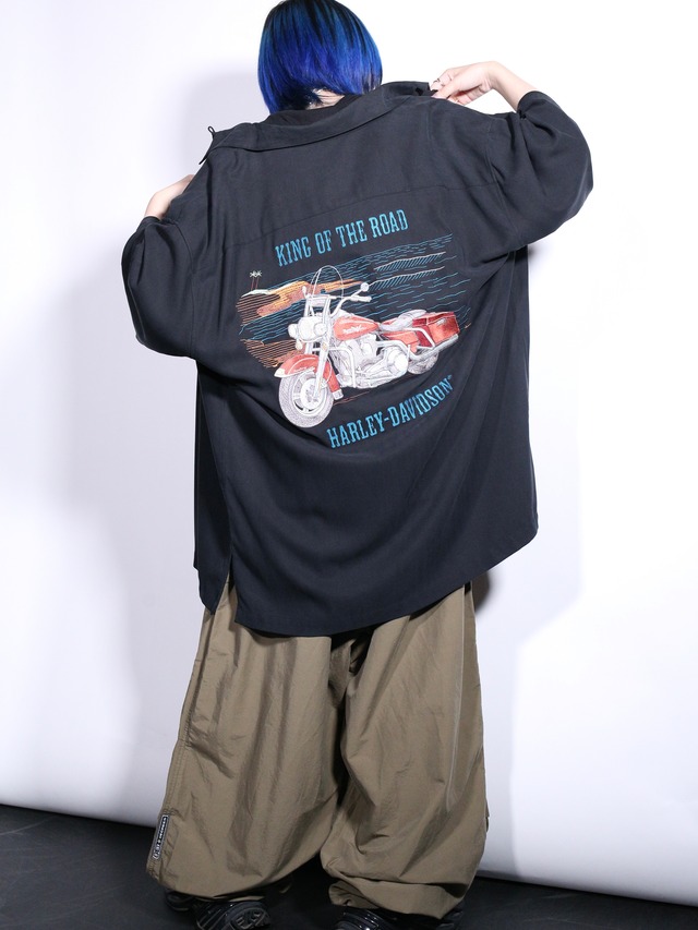 "Harley-Davidson" 刺繍 front and back design oversize silk shirt