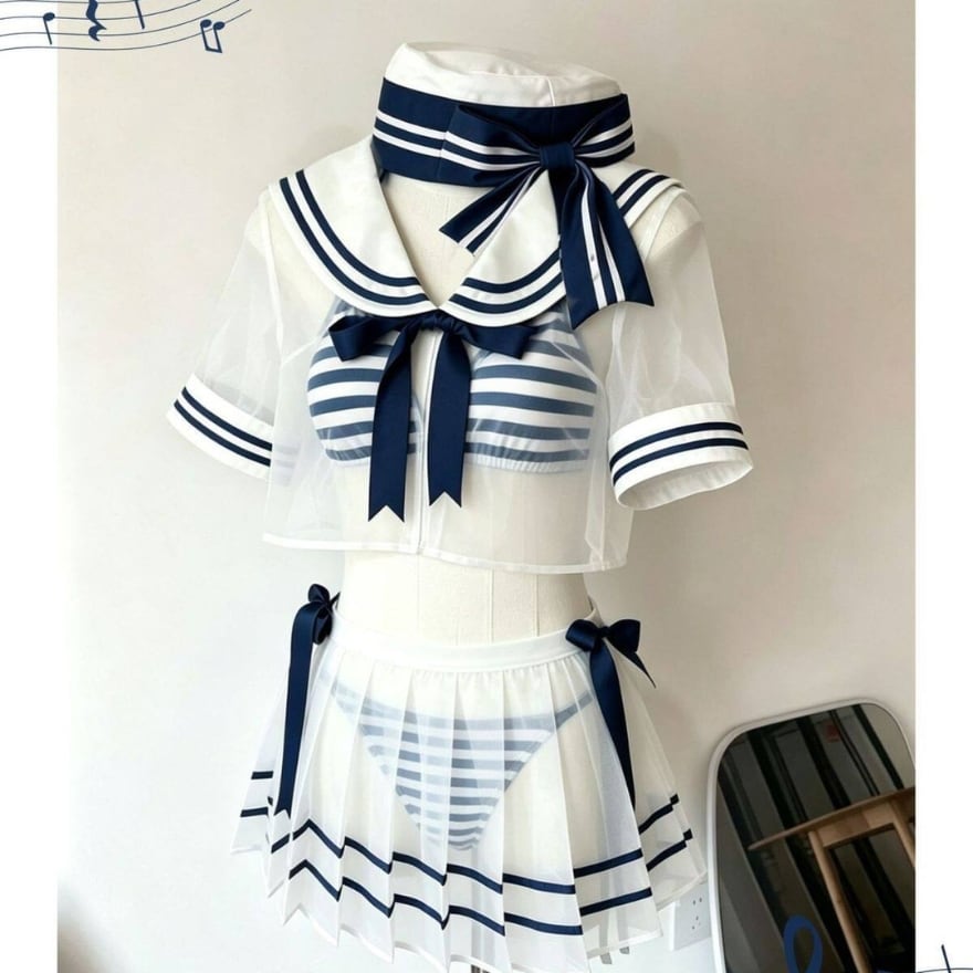 ミリロリ風 セーラー襟半袖ロリータ水着5点セット