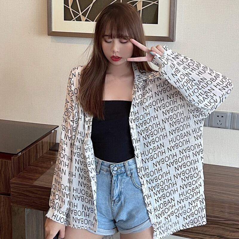 ルーズプリントシャツ レディースサマーカジュアル薄手シフォンジャケット ロング 夏物 YY-ファッション9127112328