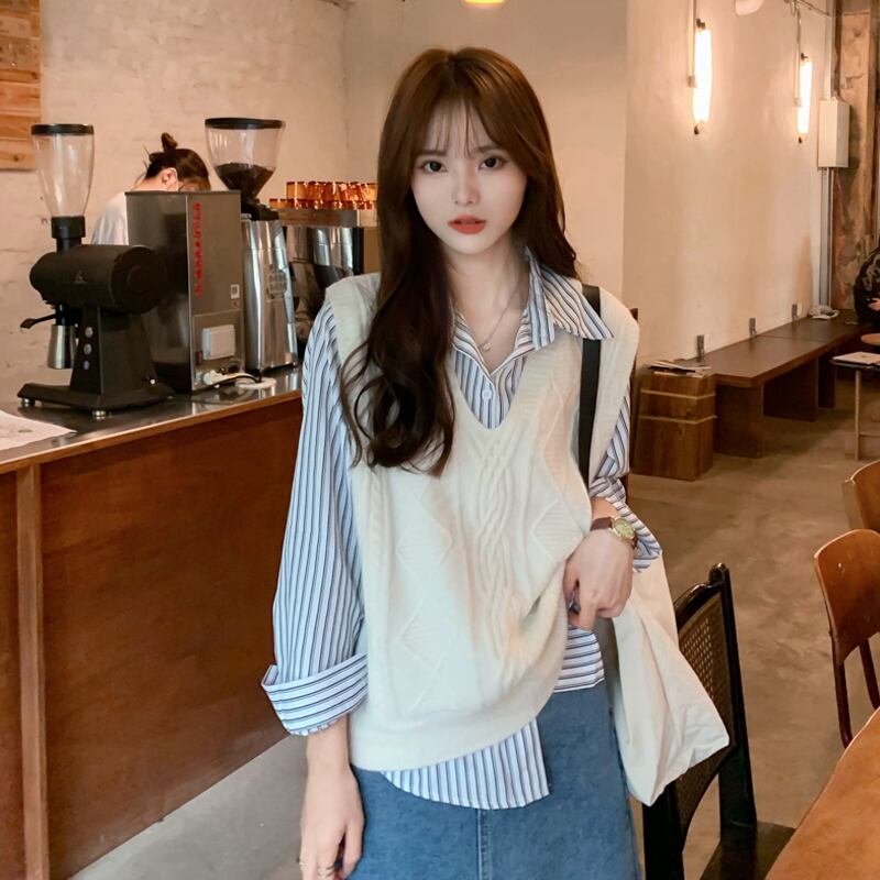 Vネックニットスプリングオータムスタンダードセーター レトロ 春物 秋物 試着室29389725587