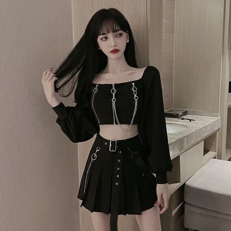 ダークチェーン トップス プリーツスカート ストリート ハンチェンe38633472284