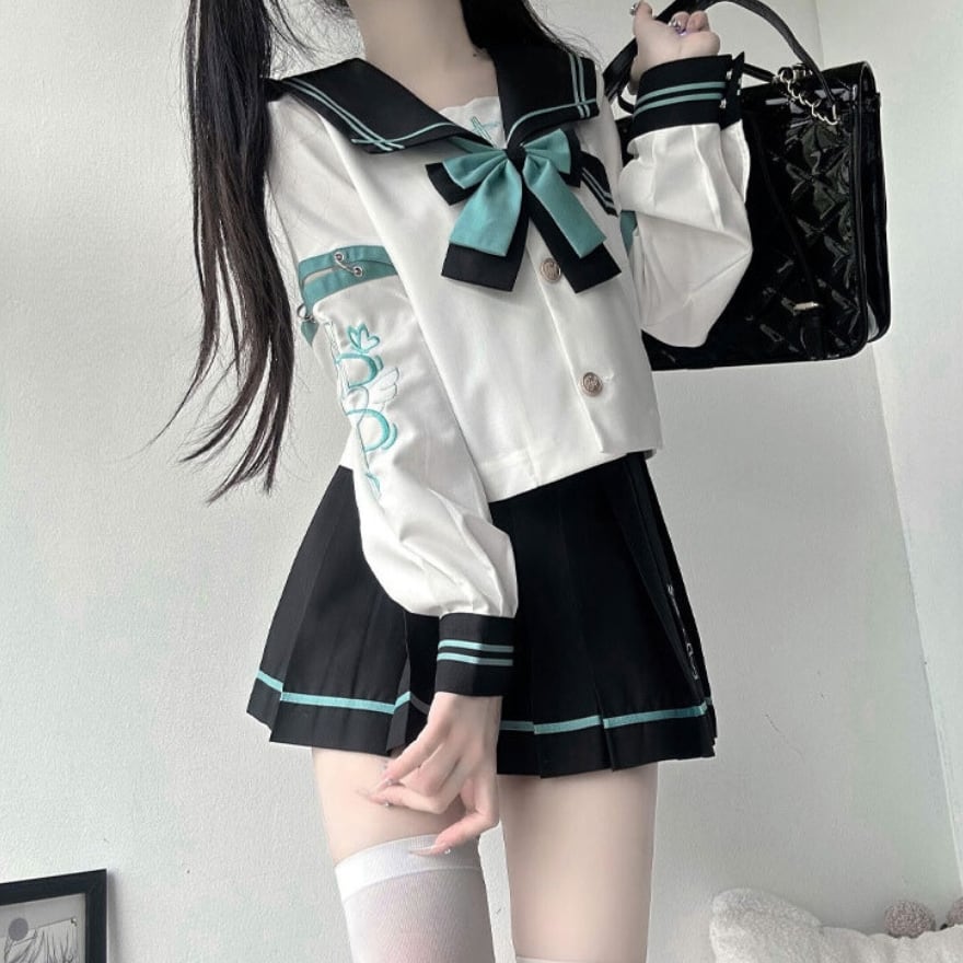 サブカル 服 地雷系 通販 セーラー服 ミニスカート オープンショルダー リボン JK制服 2点 セットアップ 中華ロリータ 原宿スタイル 双子コーデ ろりぃた