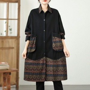 BLACK ETHNIC PATTERN PRINT STITCH MIDI JACKET COAT 1color M-14822