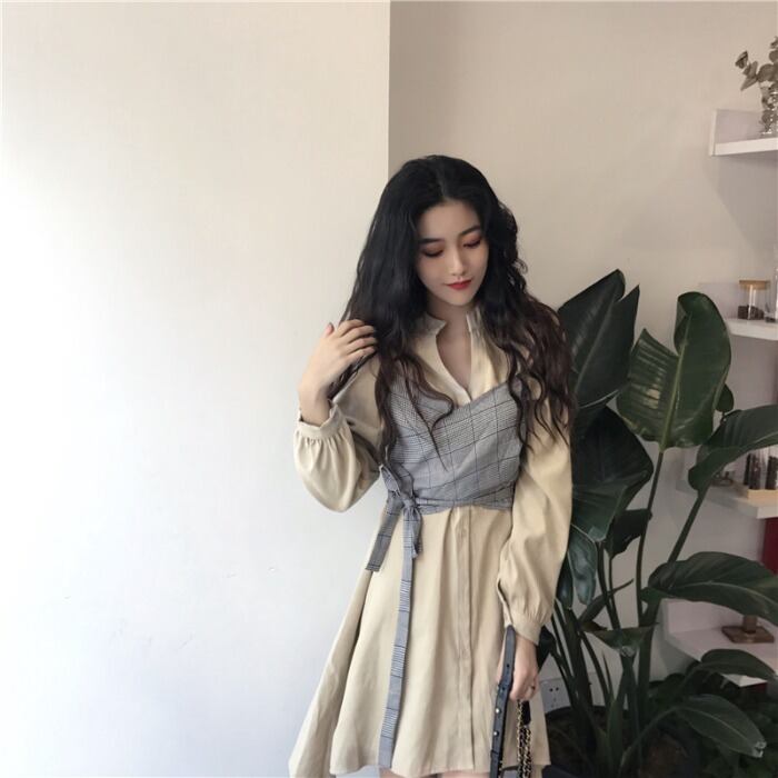 サマー薄手スタンダードウェストスカート 格子柄レースドレス レトロ 夏物 ステッチ YY-ファッション71731609774