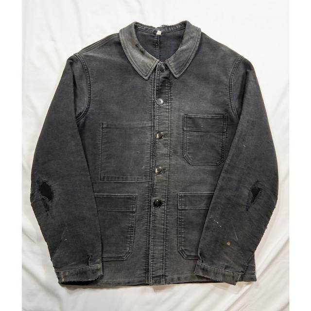 【1960s】"Le Mont St Michel" French Black Moleskin Work Jacket, Good Faded!!
