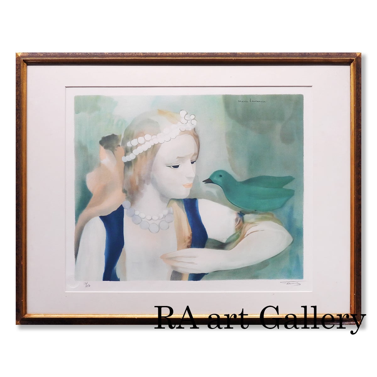 マリー・ローランサン「鳥と女性」リトグラフ 154/250 額装 マリー・ローランサン 緑の鳥と少女 人物画 女性像 女の子 女子 美女