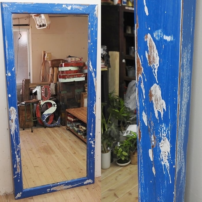 オールドチークフレームミラー170cm BLアンティークブルー 青色 無垢材 鏡 姿見 アジアン家具 姿見ミラー チーク材 古材 古木 ハンドメイド オールドチーク無垢材 姿見鏡 170cm×45cm 全身ミラー緑色