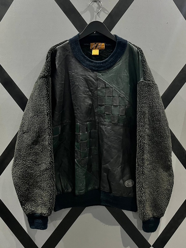 【X VINTAGE】Leather Switching Design Loose Boa Pullover