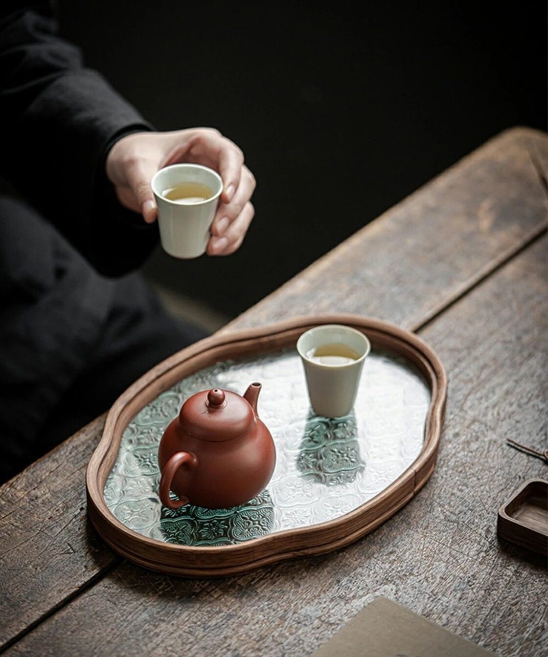 茶托 急須受台 胡桃の木 茶道具 中国茶器 急須置き ガラス ティー 
