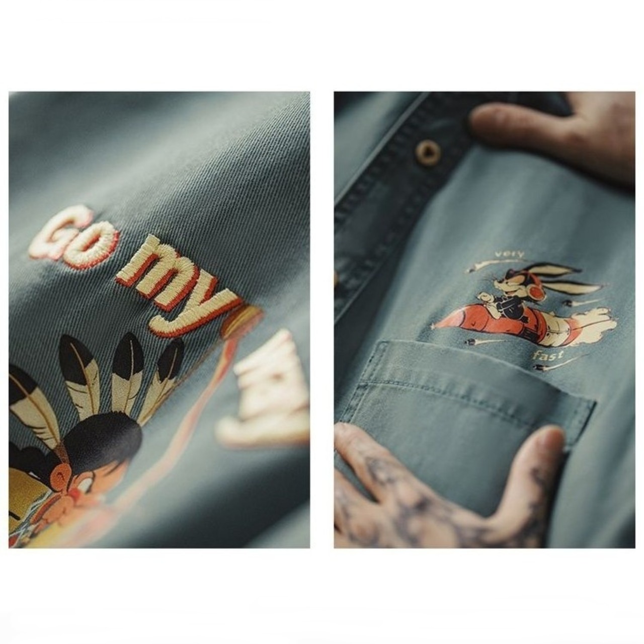 Retro Green Embroidered Print Blouse / レトロ グリーン エンブロイダリー プリント ブラウス