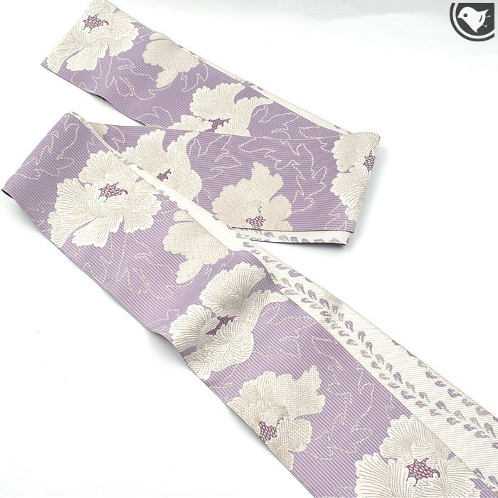 半幅帯]博多織 老舗 協和織工場 謹製 白牡丹 両面柄 正絹 日本製(商品