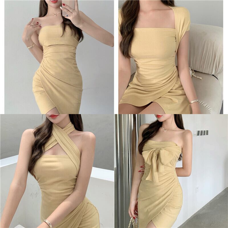 ニットドレス バンドスカート サマーイエローホルター 夏物 ヨーロピアン ブラックストロベリース44102041359