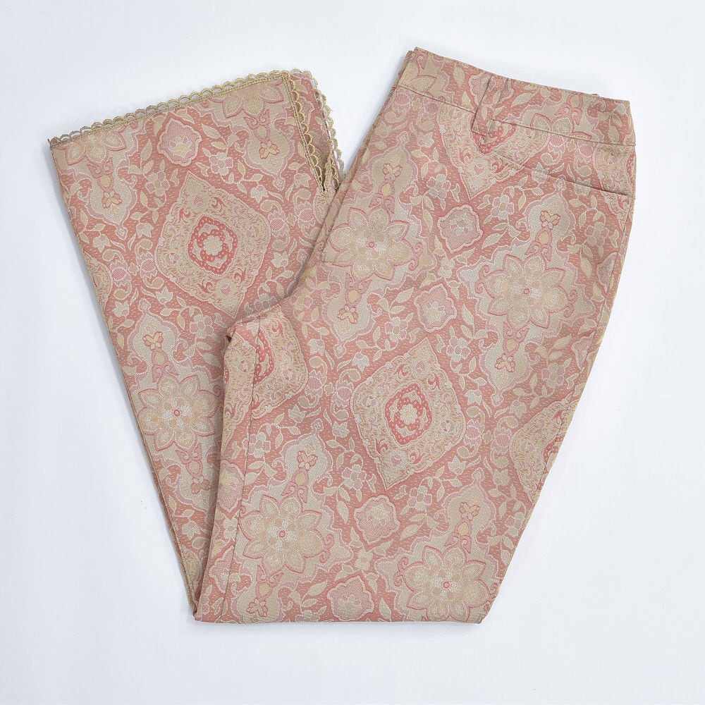 Used アラベスク模様 ジャガード 総柄 エスニックデザイン クロップドパンツ トラウザーズ スラックス 幾何学模様 ジオメトリックパターン 古着 レディースW70cm