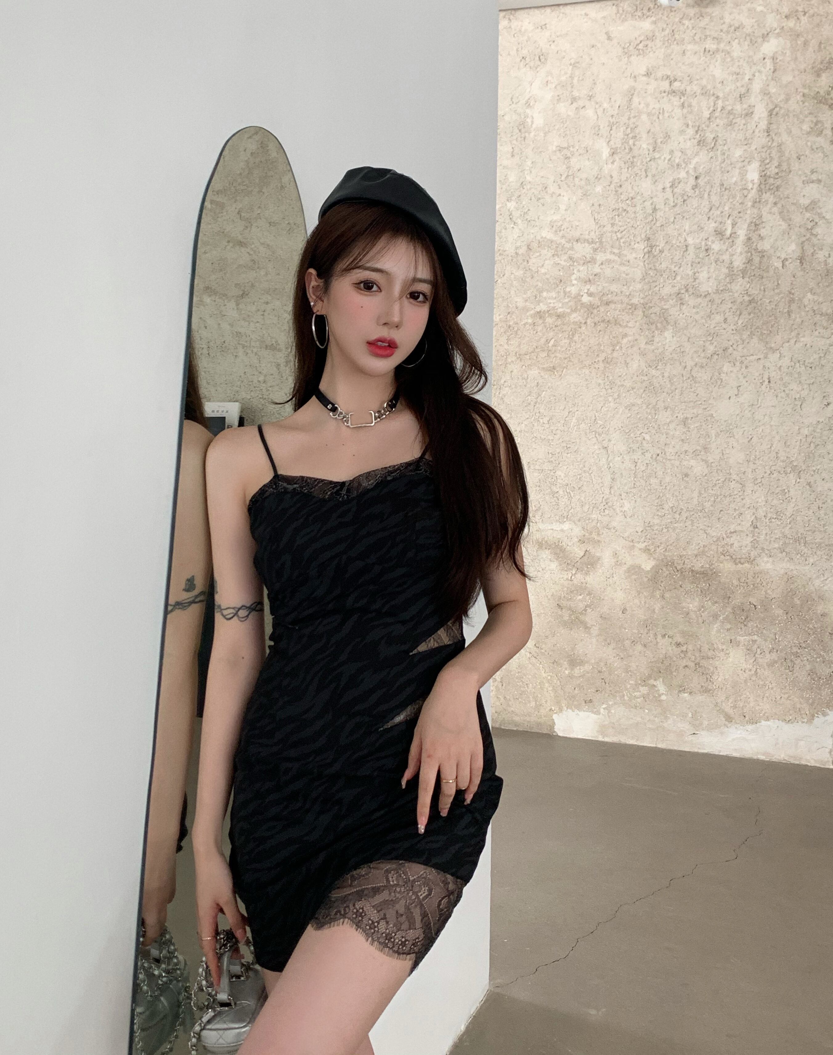 レースレオパードプリント柄ドレス サマーショートスカート ウェスト 大人ガーリー スウィート キュート カジュアル 夏物 ブラックストロベリース98042870862