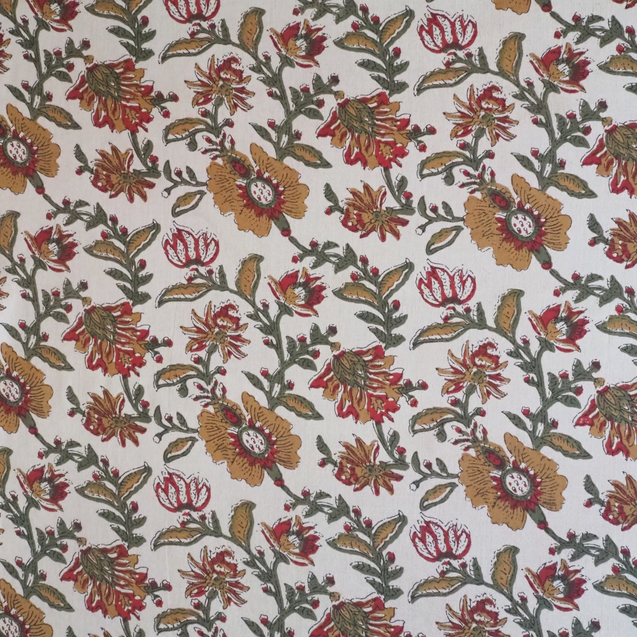 ブロックプリント生地【50cm単位】インド綿  花柄 カーキ×イエロー×生成り #53910-WT1