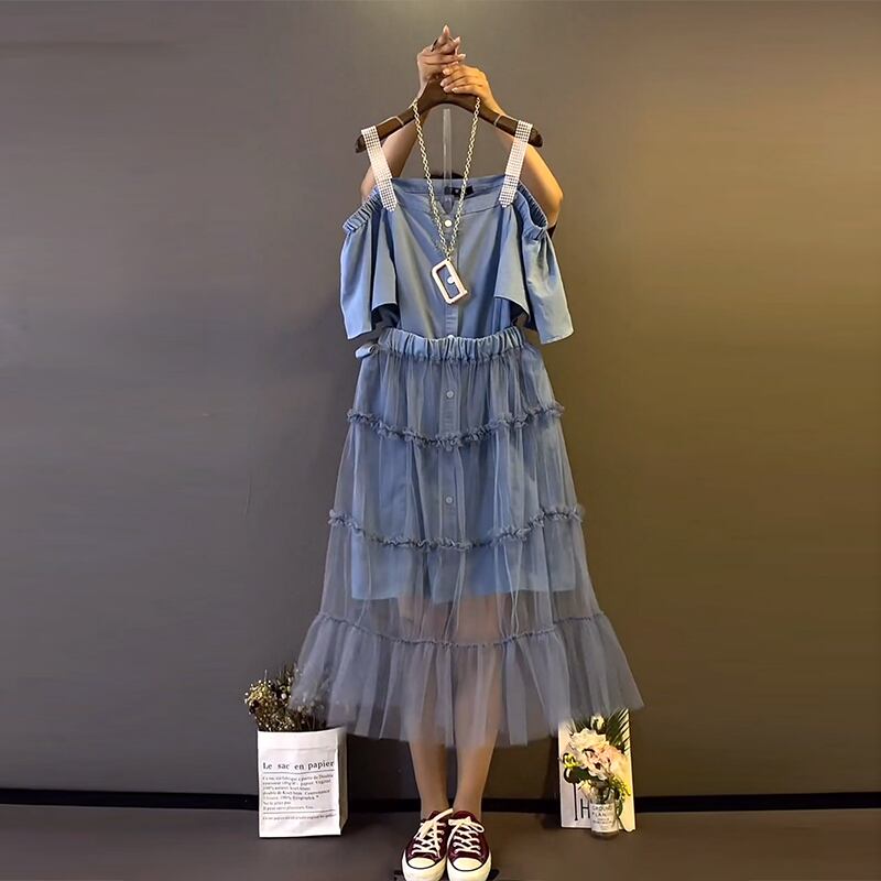 ドレス メッシュスカート サマー 大きめサイズ 夏物 ミックスインファッション95149866420