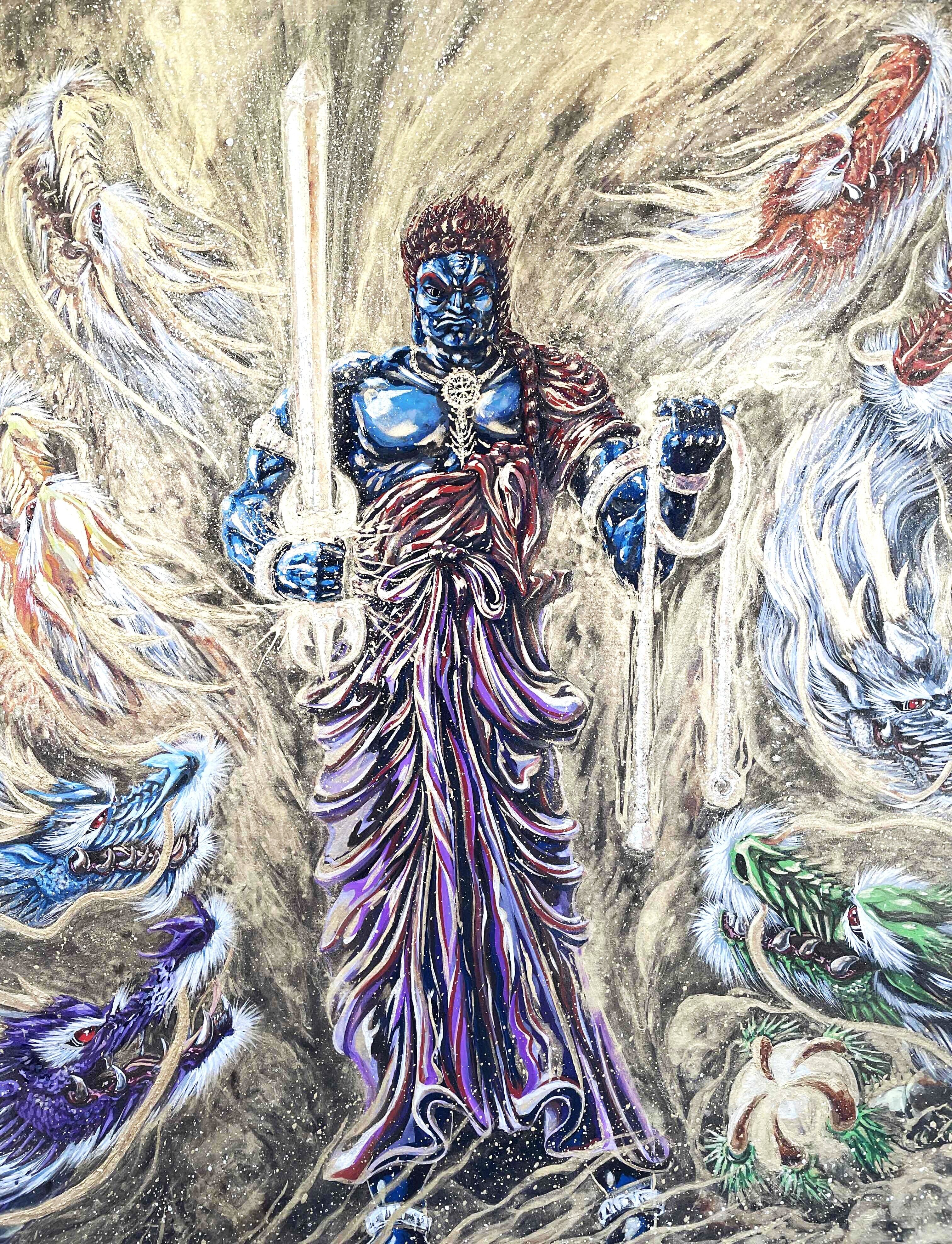 現代水墨画家 絵師白道 「青不動明王と八大龍王」直筆作品 証明書