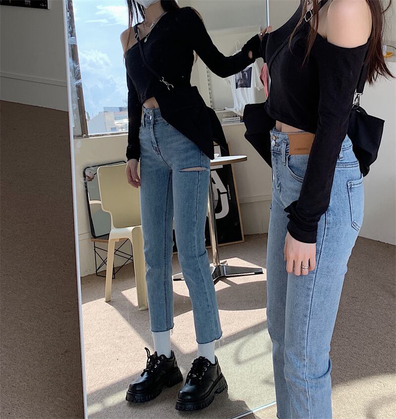 ジーンズ ハイウェストサマー薄手パンツ 夏物 ブラックストロベリース88170317603