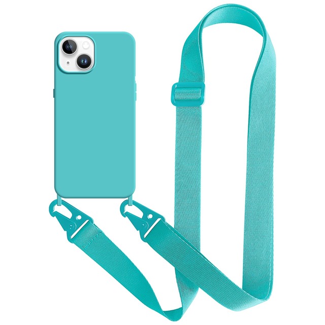 UnnFiko For iPhone 13 Mini ケース ショルダー ネックストラップ 蛍光色 軽量 ソフト スマホケース アイフォン 13 ミニ ケース かわいい シリコンカバー お洒落 かっこいい (iPhone 13 Mini, Glacier Blue)