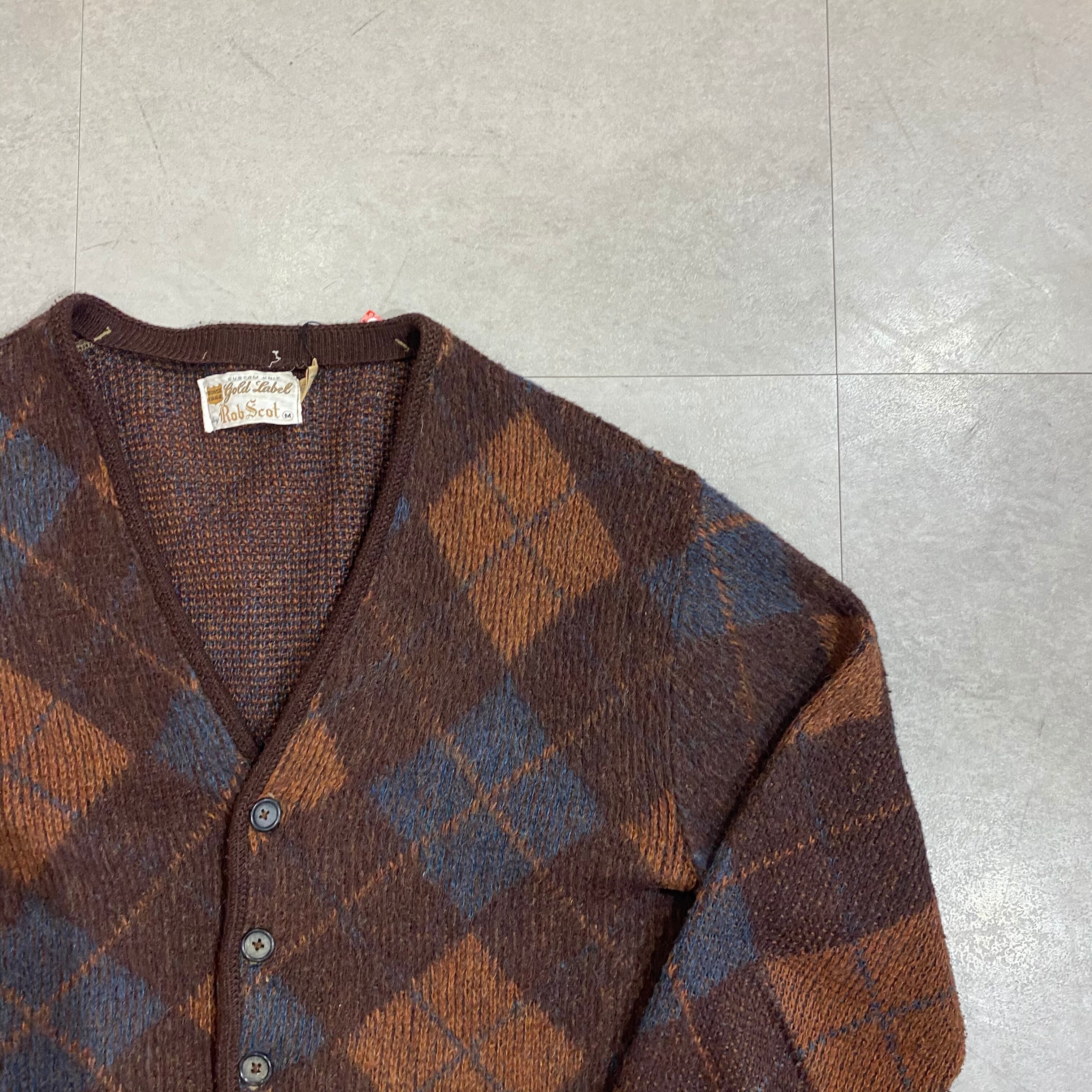 60年代〜 Size: M 【Rob Scot】モヘアカーディガン アーガイル 茶色