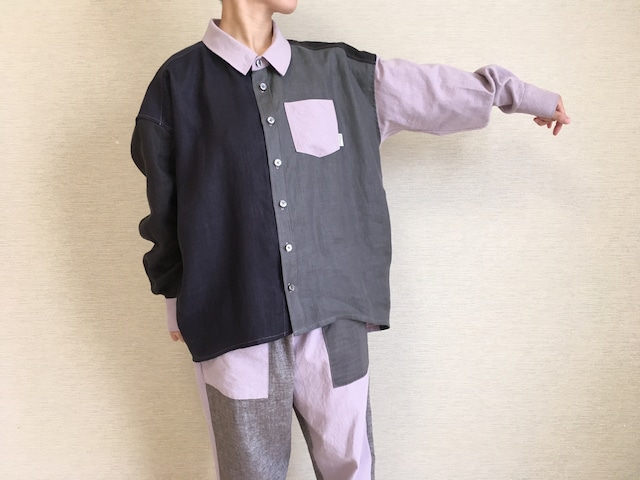 ゆるシャツ013 / 綿麻ピンクグレーパープル