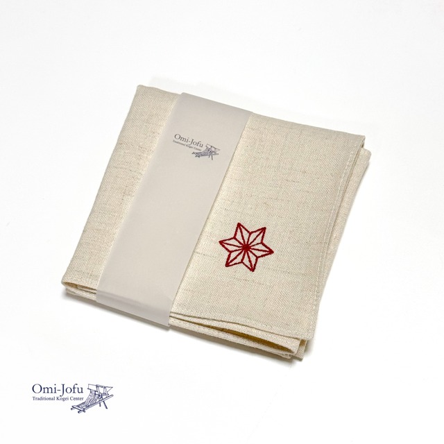 Omi-Jofu 【生成り＋赤刺繍】ヘンプはんかち（麻の葉刺繍）