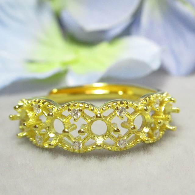 アウトレット3㎜ 5粒 レースフレーム S925 リング台 YG