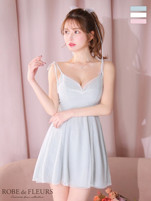 ROBE de FLEURS ローブドフルール fm3721  [ショルダーリボンスタッズラメニットプリティミニキャバドレス] WHITE