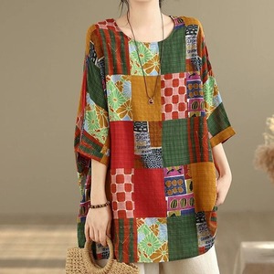 PATCHWORK PRINT BOAT NECK 3/4 SLEEVES TUNIC TOP 1color M-16189